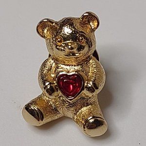 Vintage Avon Gold Tone Teddy Bear With Red Heart Stone Pin